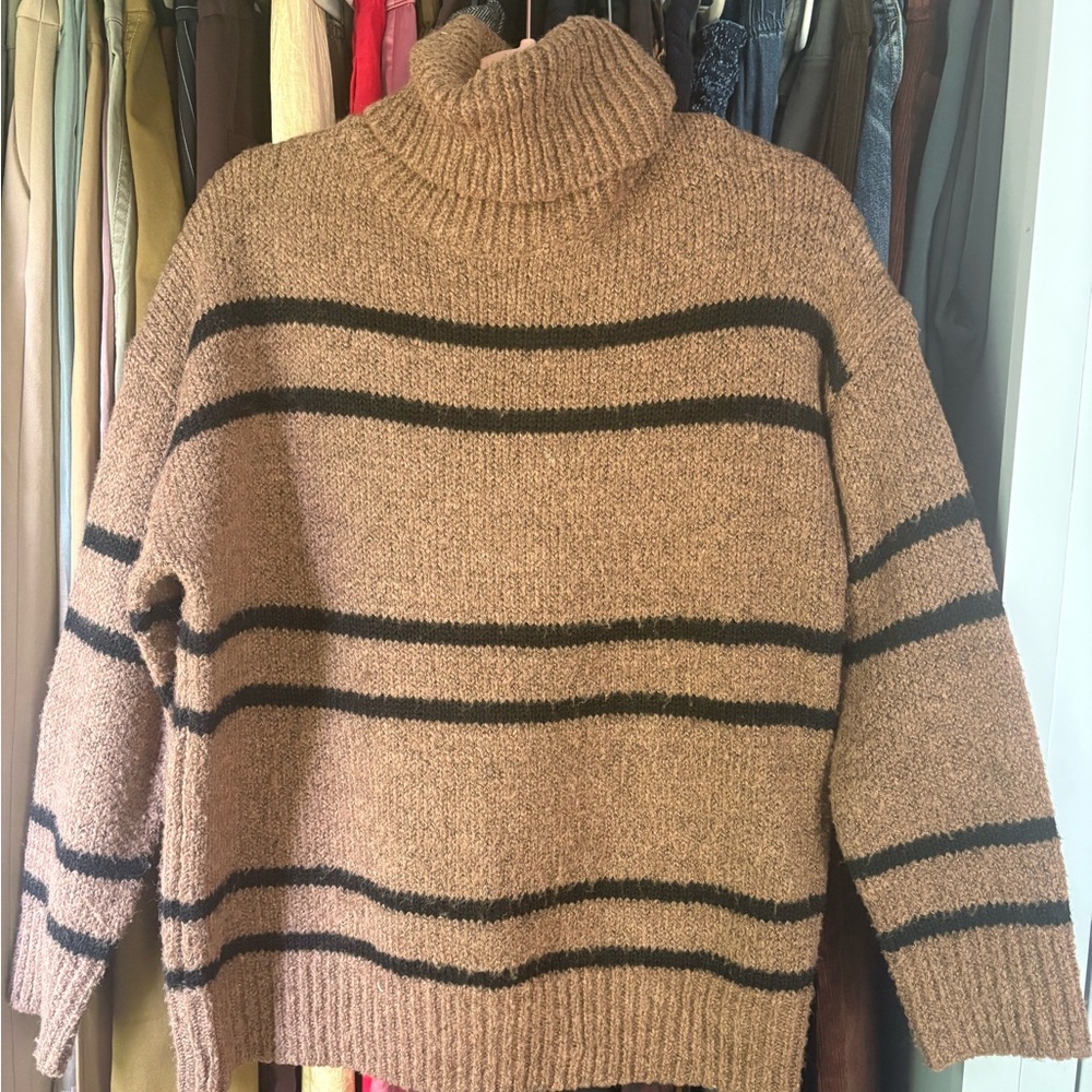 Line and Dot Cozy Brown Striped Turtleneck Sweater XS